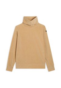Maglione a collo alto beige in tessuto morbido e liscio, con maniche lunghe e un design ampio. Presenta dettagli a coste sul collo e sui polsini.