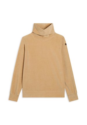 Maglione a collo alto beige in tessuto morbido e liscio, con maniche lunghe e un design ampio. Presenta dettagli a coste sul collo e sui polsini.