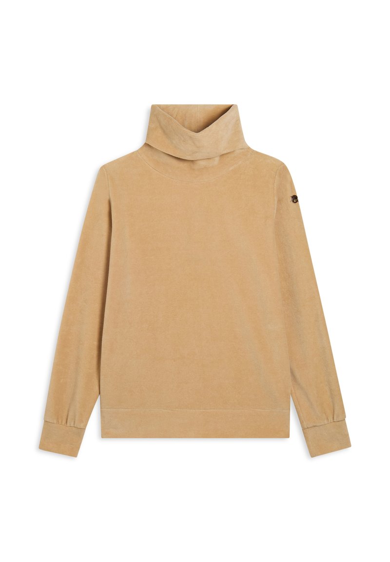Maglione a collo alto beige in tessuto morbido e liscio, con maniche lunghe e un design ampio. Presenta dettagli a coste sul collo e sui polsini.