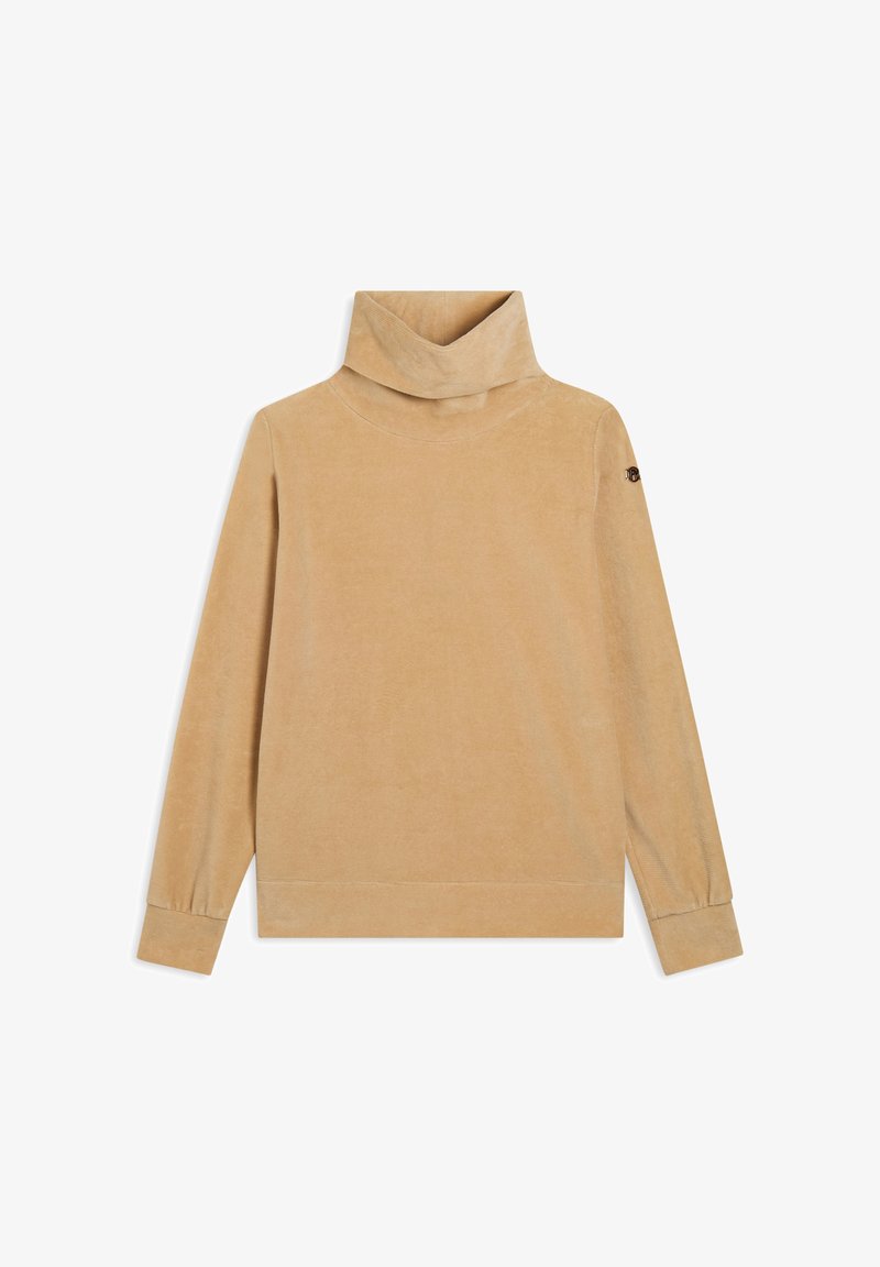 Maglione a collo alto beige in tessuto morbido e liscio, con maniche lunghe e un design ampio. Presenta dettagli a coste sul collo e sui polsini.
