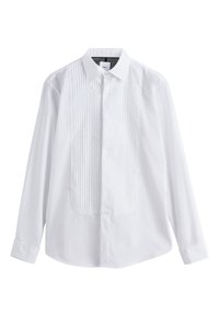 Valkoinen paitapusero, jossa on laskostettu etupaneeli, terävä kaulus ja pitkät hihat. Valmistettu sileästä kankaasta, jossa on nappikiinnitteiset kalvosimet.