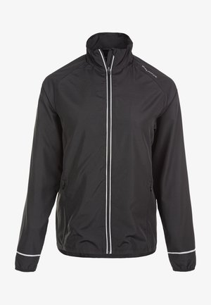 Sort letvægtsjakke med høj krave, lynlåslukning foran og refleksdetaljer. Har lange ærmer og sidelommer med lynlås.