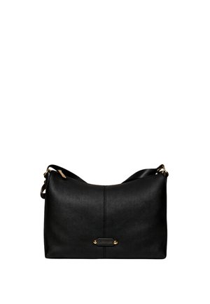 Borsa a tracolla in pelle nera con accessori dorati, targhetta frontale con logo e una singola tracolla regolabile.