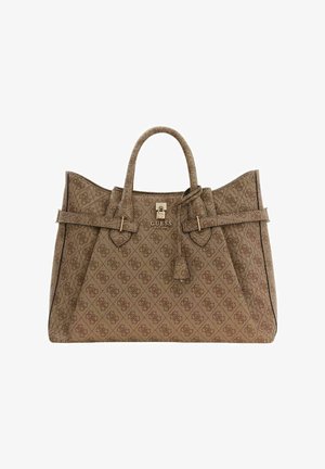 Bolso tote marrón con diseño estructurado, asas superiores y herrajes en tono dorado. Incluye un detalle de cierre y una textura suave.