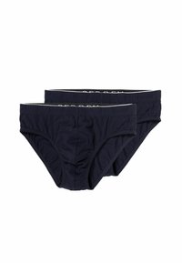 Due paia di mutande blu navy realizzate in morbido tessuto. Presentano un elastico in vita con un logo bianco a contrasto. Finitura liscia e senza motivi.