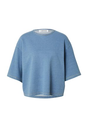 Blauwe cropped trui met korte mouwen, brede snit en ronde hals, gemaakt van getextureerde gebreide stof.