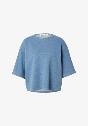 Blauwe cropped trui met korte mouwen, brede snit en ronde hals, gemaakt van getextureerde gebreide stof.