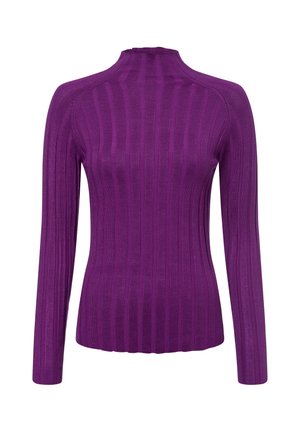 Lila gerippter Langarm-Top mit hohem Kragen. Verfügt über eine taillierte Silhouette und eine glatte Textur. Keine sichtbaren Muster oder Hardware-Details.
