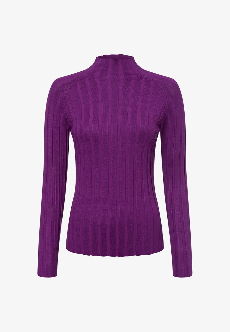 Lila gerippter Langarm-Top mit hohem Kragen. Verfügt über eine taillierte Silhouette und eine glatte Textur. Keine sichtbaren Muster oder Hardware-Details.