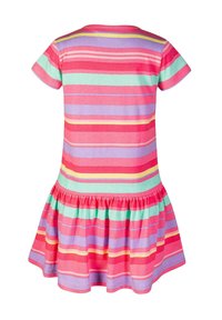 Kortsleeveklänning i bomull med horisontella ränder i rosa, lila, grön och gul. Utsvängd kjol med rynkade detalj vid fållen.