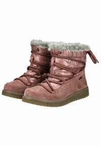 Botas de tobillo de ante rosa con un eje textil acolchado, forro de piel sintética, detalles de encaje y suela de goma texturizada.