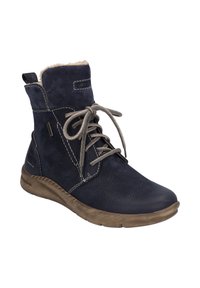 Bottines en daim bleu marine avec un design à lacets, doublure en fourrure chaude, coutures beige contrastantes et semelle en caoutchouc flexible.