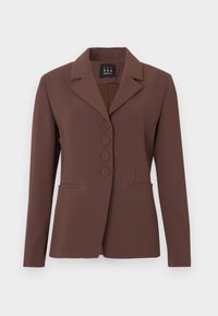 Hnedé priliehavé sako s výrezovým dlhým klopovým golierom, zapínaním na jedno rad gombíkov, štyrmi gombíkmi a dvoma bočnými vreckami. Hladká látka a štruktúrovaný strih.