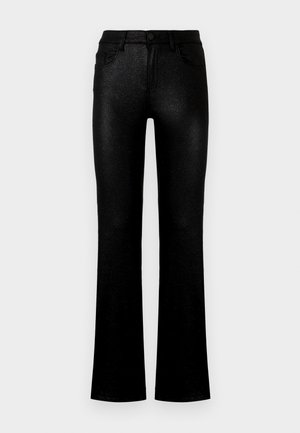 Jeans pretos flare feitos de um tecido brilhante e texturizado. Apresentam bolsos frontais, fecho de botão e um design clássico de cinco bolsos.