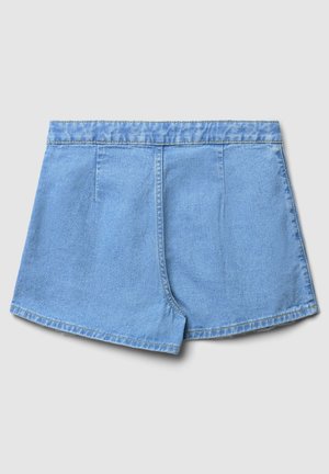 Jasnoniebieskie szorty dżinsowe, charakteryzujące się wysokim stanem, minimalistycznym designem, dwiema przednimi kieszeniami i czystym dołem bez widocznych zapięć.