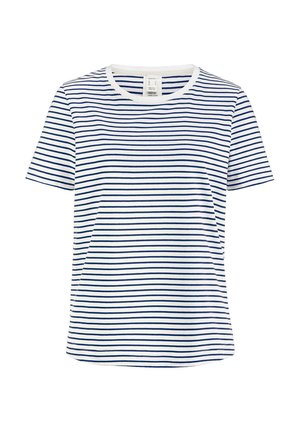 T-shirt in cotone a maniche corte, con righe orizzontali blu navy e bianche, colletto girocollo e orlo dritto.