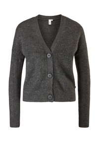 Gilet en tricot gris avec un col en V, des manches longues et cinq boutons foncés sur le devant. Texture côtelée sur l'ensemble du tissu.