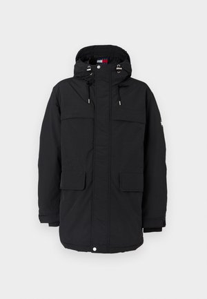 Schwarze Parkajacke mit Kapuze, ausgestattet mit Kordelzügen, zwei großen Fronttaschen und einem Reißverschluss. Glatte Textur und lässige Passform.