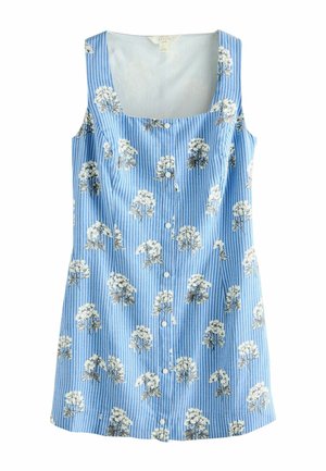 Ärmelloses blaues Kleid mit weißen vertikalen Streifen und weißem Blumenmuster, mit quadratischem Ausschnitt und vorderer Knopfleiste.
