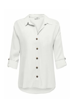 Weißes Langarmhemd mit Kragen, Knopfleiste und umgeschlagenen Manschetten. Verfügt über braune Knöpfe und einen abgerundeten Saum, aus glattem Material gefertigt.