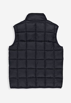 Marineblauer Steppweste mit hohem Kragen, gestepptem Design, ärmellosem Schnitt und gleichmäßig verteilten quadratischen Mustern. Glatte, glänzende Textur.