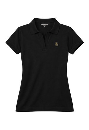 Polo da donna nera a maniche corte con colletto, finta con due bottoni e piccola toppa con logo dorato sul petto a sinistra.