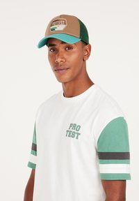 Bruine trucker cap met groene gaas achterkant, met een geometrisch logo. Witte T-shirt met groene korte mouwen en de tekst "PRO TEST" in het groen.