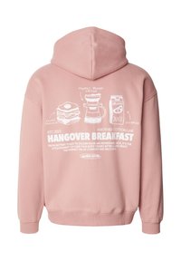 Rosa hettegenser med myk tekstur, med hvite grafiske illustrasjoner av mat og drikke, merket med teksten "Hangover Breakfast".