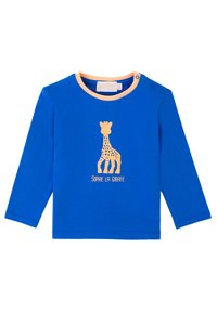 Camicia a maniche lunghe blu realizzata in morbido cotone, con stampa di una giraffa arancione e il testo "Sophie La Girafe" sotto. Include chiusura a scatto.