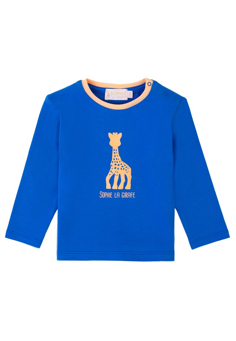 Camicia a maniche lunghe blu realizzata in morbido cotone, con stampa di una giraffa arancione e il testo "Sophie La Girafe" sotto. Include chiusura a scatto.