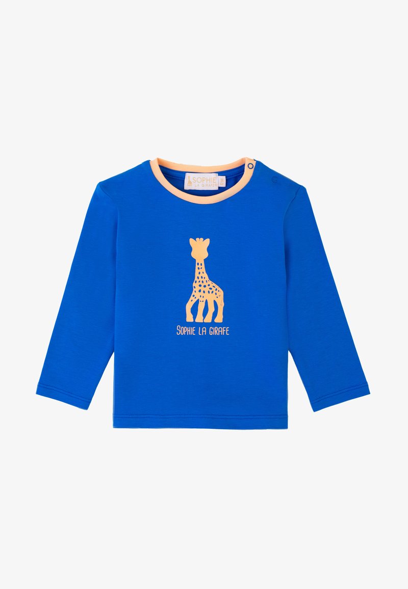 Camicia a maniche lunghe blu realizzata in morbido cotone, con stampa di una giraffa arancione e il testo "Sophie La Girafe" sotto. Include chiusura a scatto.