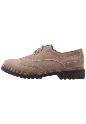 Brown suede oxford-style shoe with a round toe, decorative perforations, contrasting stitching, and a textured rubber sole.