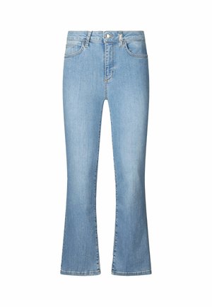 Lyseblå bootcut jeans lavet af denim, med en mellemhøj talje, frontlommer og et klassisk fem-lomme design.