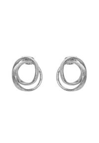 Boucles d'oreilles en métal argenté présentant des boucles entrelacées avec une finition mate et des bords polis, créant un design dynamique et texturé.