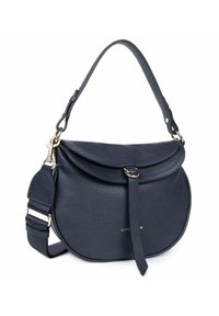 Borsa a spalla in pelle blu navy con chiusura a patta, dettagli in metallo color oro e tracolla regolabile. Finitura testurizzata e forma arrotondata.