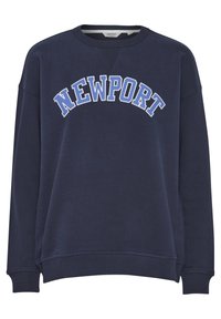 Mornarska dukserica od pamuka, sa okruglim izrezom, rebrastim manžetama i odvažnim, bijelim natpisom "NEWPORT" preko grudi.