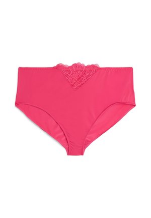 Rosa Bikinihose mit hohem Bund und floraler Spitzenverzierung vorne. Glatter Stoff mit anliegender Form, die vollständigen Schutz bietet.
