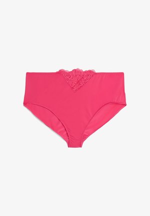 Roze bikinibroekje met hoge taille en bloemige kanten rand aan de voorkant. Glad stof met een aansluitende vorm die volledige bedekking biedt.