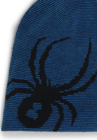 Berretto lavorato a maglia blu con un design di ragno nero. Presenta un motivo a righe testurizzato e una vestibilità aderente per garantire calore.