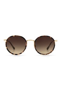 Pyöreät aurinkolasit, joissa on kilpikonnankuoren kehys, sulavat ruskeat linssit, kultaiset korostukset siltasidoksessa ja hoikat mustat rangat.