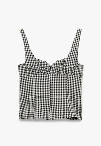 Sort og hvidternet crop top med tynde stropper, rynket kant ved halsen og plisseret design. Lavet af letvægtsstof, uden foring.