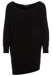 Maglione nero a maglia con design a spalle scoperte, caratterizzato da un colletto decorato con perline e maniche lunghe. Tessuto liscio con una vestibilità leggermente rilassata.