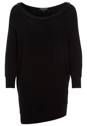 Pull en tricot noir avec un design décolleté, featuring un col en perles et des manches longues. Texture lisse avec une coupe légèrement décontractée.