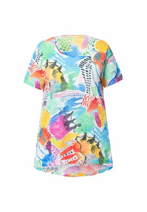 T-shirt a maniche corte con colletto rotondo caratterizzato da un vivace motivo astratto in più colori, realizzato in tessuto leggero e texturizzato.