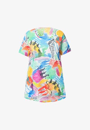 Tričko s krátkým rukávem a kulatým výstřihem, které se vyznačuje živým abstraktním vzorem v několika barvách, vyrobené z lehké, texturované tkaniny.