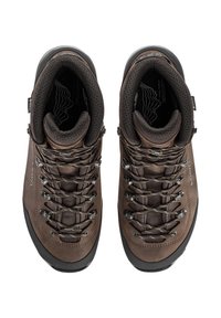 Braune hoch geschnittene Wanderschuhe aus Leder und Mesh, mit Metall-Schnürhaken, strukturierten Zungen und strapazierfähigen Gummisohlen für besseren Halt.