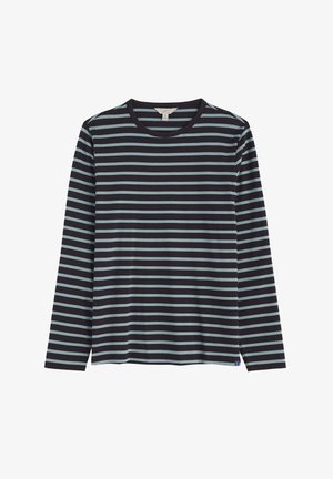 Koszula z długim rękawem, wykonana z miękkiego materiału, w granatowe i jasnoniebieskie poziome paski, okrągłym dekolcie i rozcięciami po bokach u dołu.