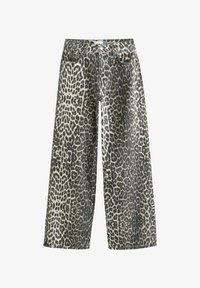 Vaqueros de pierna ancha con estampado de leopardo en mezcla de algodón, con bolsillos delanteros, cierre de botones y una combinación de colores beige claro y marrón oscuro.