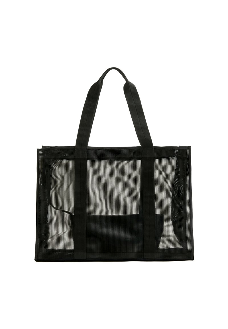 Black mesh tote bag with sturdy fabric straps, rectangular shape, and a translucent, striped texture. Features an inner pocket for organization.