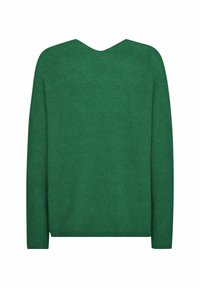Groene gebreide trui met een V-vormige halslijn, lange mouwen en ribbelstructuur, met een losse pasvorm en effen kleur ontwerp.